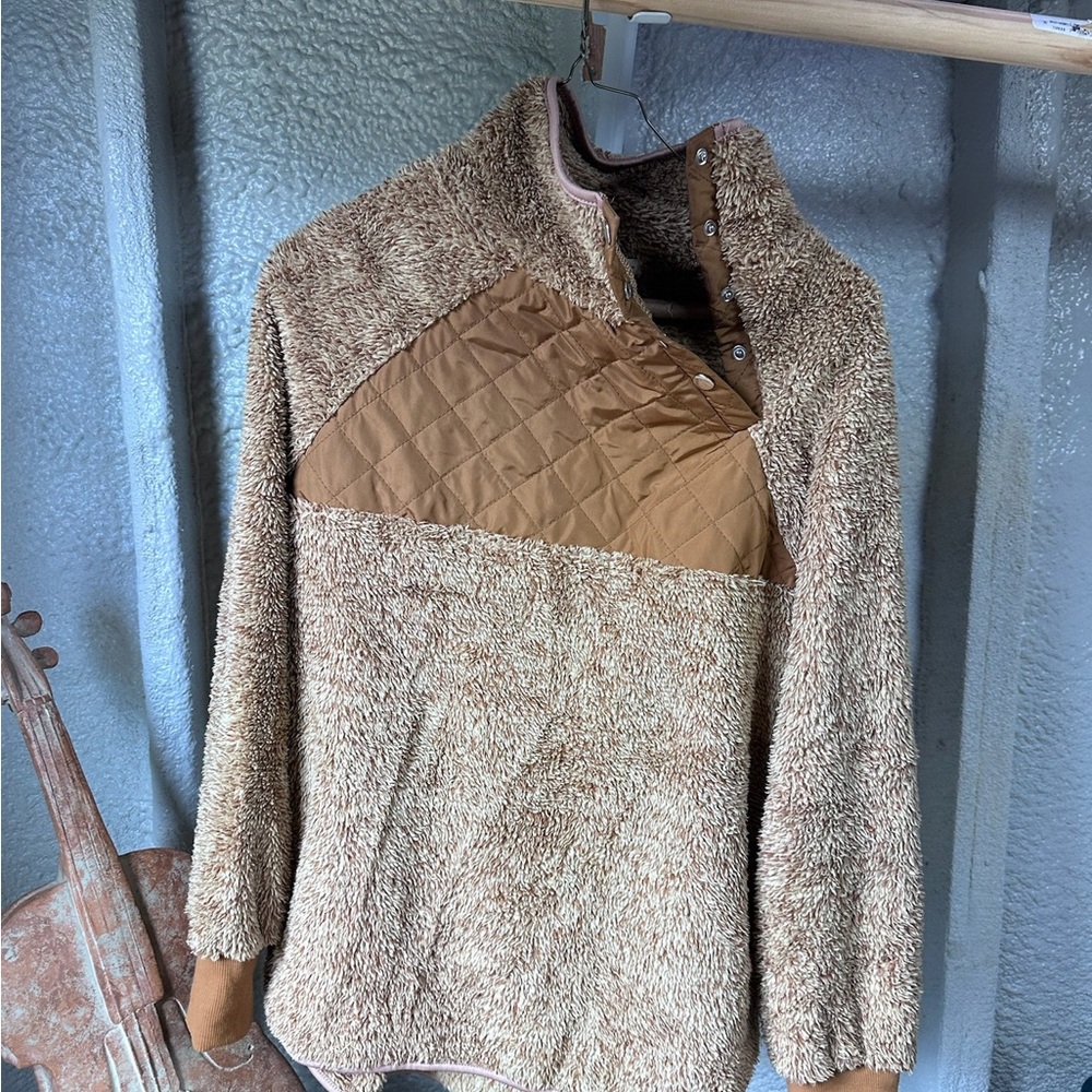 Main Strip Tan Teddy Jacket with Quilted Detail